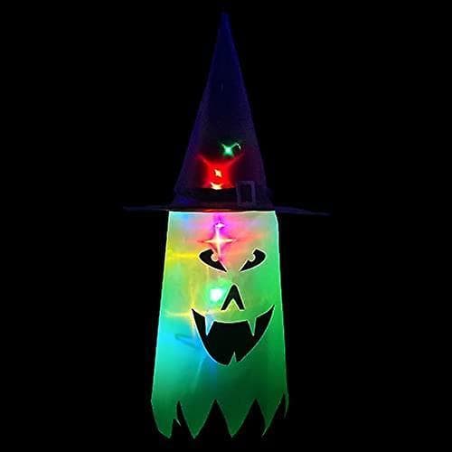 Halloween Hanging Glowing Ghost Witch Hat Battery Powered Led String Lights Outdoor Hanging Decorative Tree Porch Patio Green