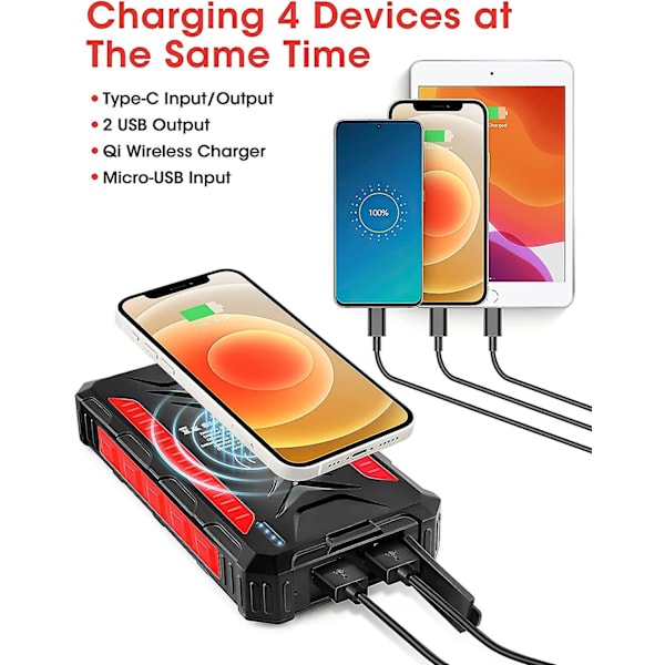 Solar Power Bank Camping Lantern Wireless Charger Portable High Capacity Ip6 Waterproof Emergency Power Supply Red