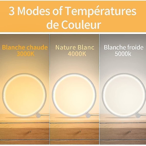 Led Bedside Lamp Dimmable Touch Table Lamp,3 Colors 10 Brightness Modern Circular Design, Metal Mate