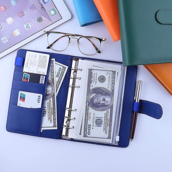 A6 Pu Leather Budget Binder Refillable 6 Ring Notebook Binder For A6 Refill Paper Navy blue
