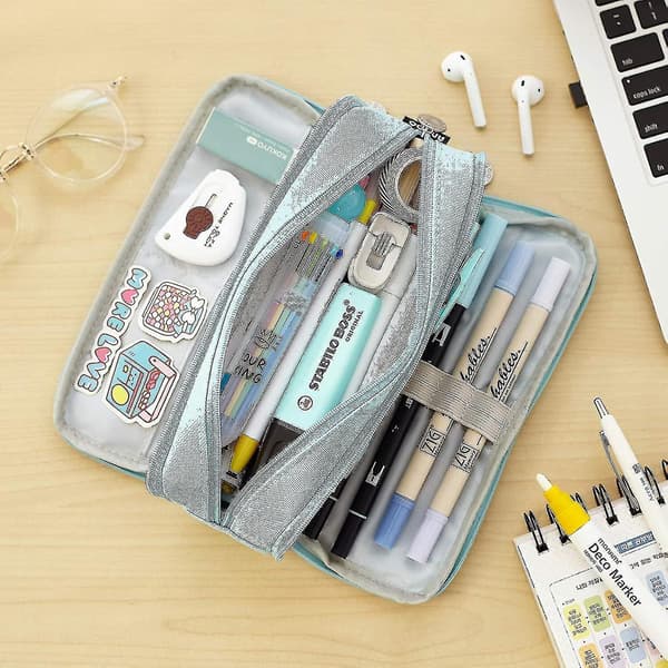 Large Pencil Case Big Capacity 3 Compartments Canvas Pencil Pouch For Students blue
