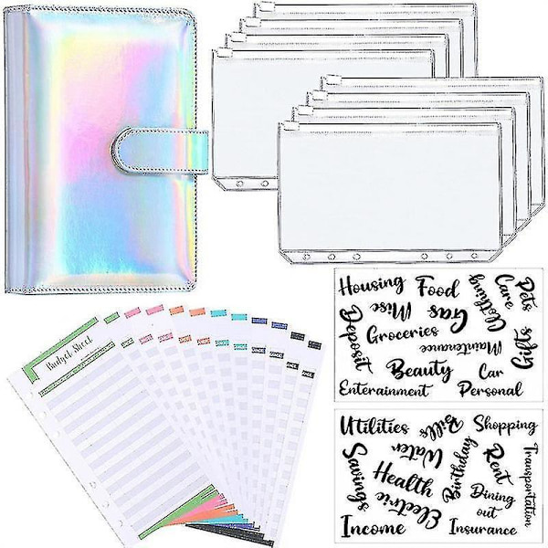 A6 Binder Budget Planner Notesbogsomslag Mappe Størrelse 6 Hull Lommer Plastik Lynlås Pengebesparende Konvolut Silver Laser