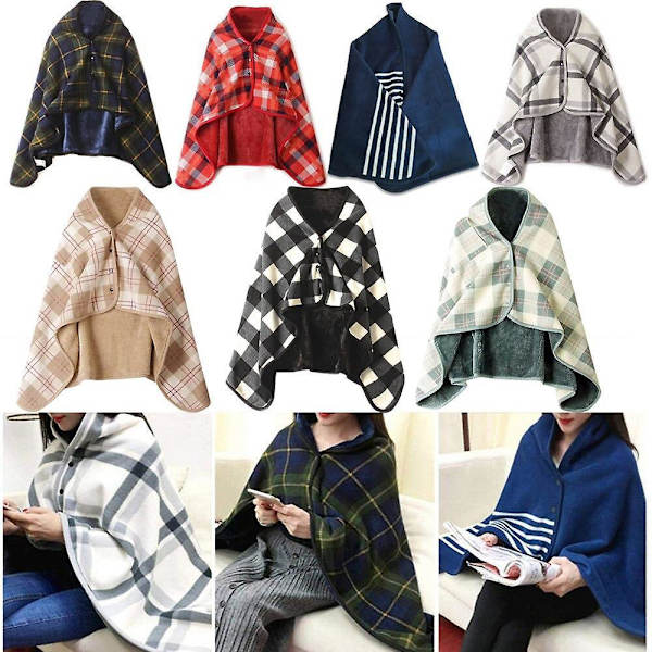 Wearable Plaid Blanket Fleece Doublelayer Blankets With Button Thicken Multifunction Winter Warm Throw Blanket For Sofa Bed A