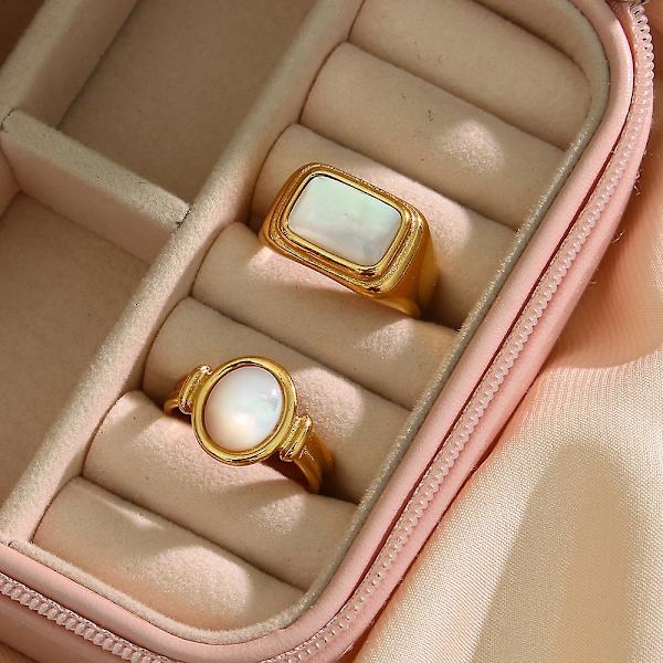 2022 New Mother Of Pearl Natural Stone Ring Stainless Steel Pvd Gold Plated Rings For Women White Opal Ring Tarnish Free Ring Square 7
