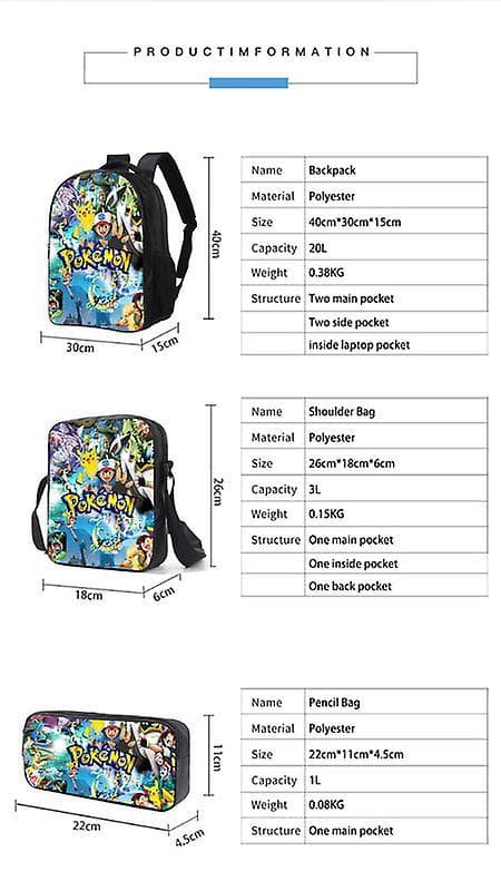 3pcs Pokmon Schoolbag Pikaqiu Backpack Polyester Comfortable Lightening Children's Bag 8