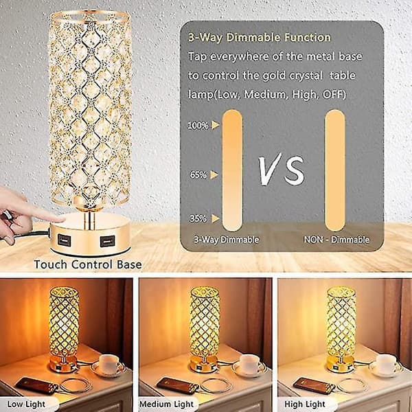 Crystal Lamp Table Lamp With Usb Ports 3 Way Dimmable Light Bedside Lamp Small Touch Light Gold