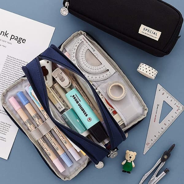 Stort Penalhus Blyantpose Lærreds Stationery Taske Med 3 Rum Til Studerende Navy Blue