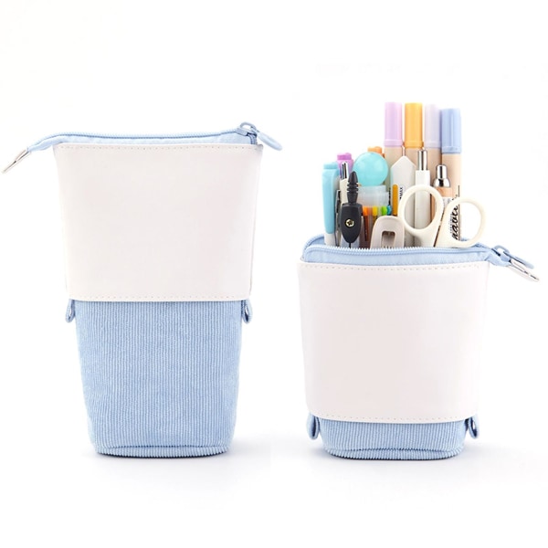 Pop-up Pencil Case Telescopic Holder Stationery Case Pu Corduroy Stand-up Transformer Bag Large Light Blue