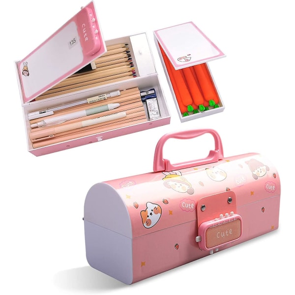 Multifunction Pencil Box With Double Password Lock, Large Capacity Plastic Stationery Case Combination Lock Pencil Box Organizer(girl Pink)