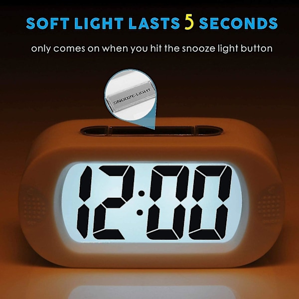 Easy Setting Silicone Protective Cover Digital Silent Lcd Large Screen Desk Bedside Alarm Clock With Snooze Light Function Batteries Powered (white)