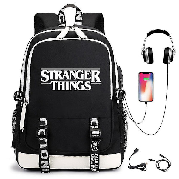 Stranger Things Backpack Usb Rechargeable Backpack Student School Bag black