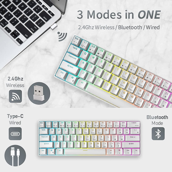 Rk Rk61 Rgb Trådløs/kablet 60% Kompakt Mekanisk Tastatur, 61-tasters Bluetooth Lille Bærbart Gaming Kontor Tastatur, Egnet Til Windows Og Mac Hvid