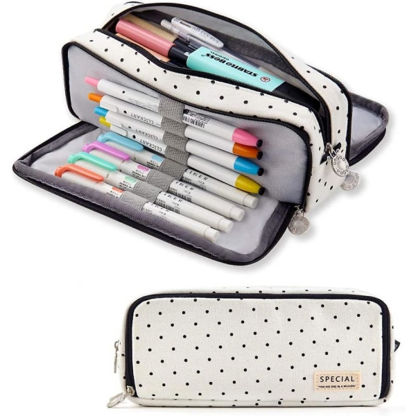 Large Pencil Case Big Capacity 3 Compartments Canvas Pencil Pouch For Teen Boys Girls School Students (black Dot)