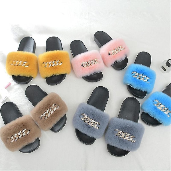Women's Fluffy Faux Fur Slippers Comfy Open Toe Slides With Fle ORANGE 41