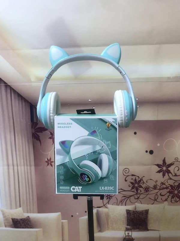 Langaton Bluetooth-kuulokemikrofoni, kissankorvat ja valo Green