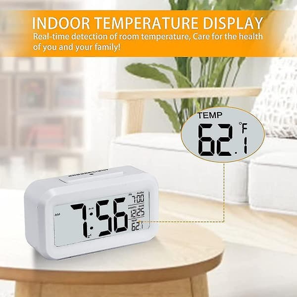 Smart Night Light Digital Alarm Clock With Indoor Temperature, Battery Operated Desk Small Clock White