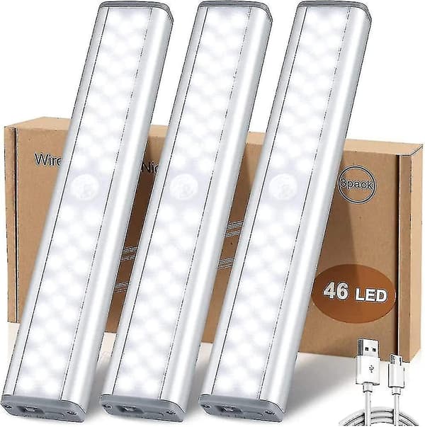 46 LED-lys, bevegelsessensor, 3 lysmoduser trådløs USB oppladbar skaplampe