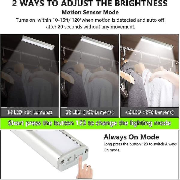 46 LED-lys, bevegelsessensor, 3 lysmoduser trådløs USB oppladbar skaplampe