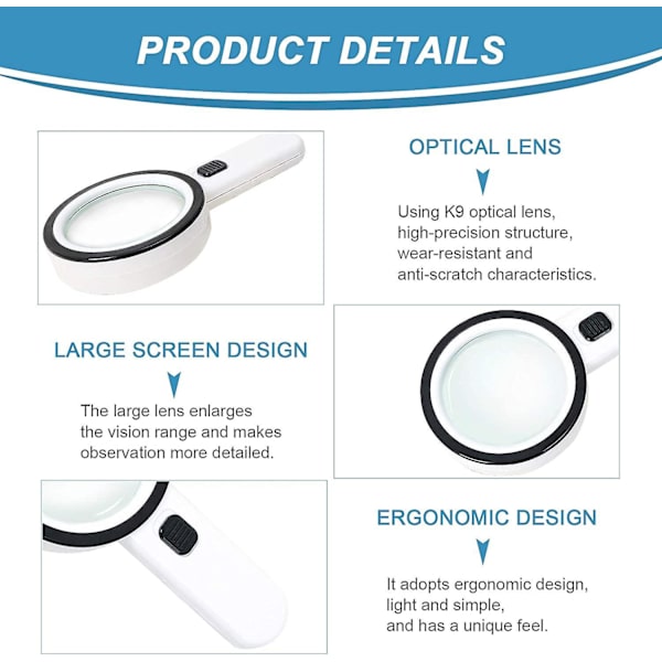 Magnifying Glass With 12 Led Lights, 30x Double Glass Lens Handheld Illuminated Magnifier