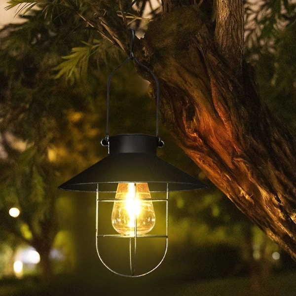 Hanging Solar Lantern with Hook, Vintage LED Solar Light with Warm White, Steel Cage, Waterproof, fo