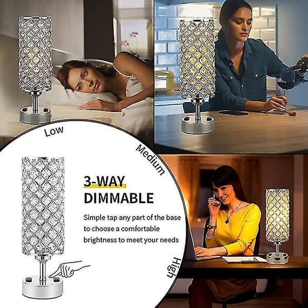 Crystal Lamp Table Lamp With Usb Ports 3 Way Dimmable Light Bedside Lamp Small Touch Light Silver