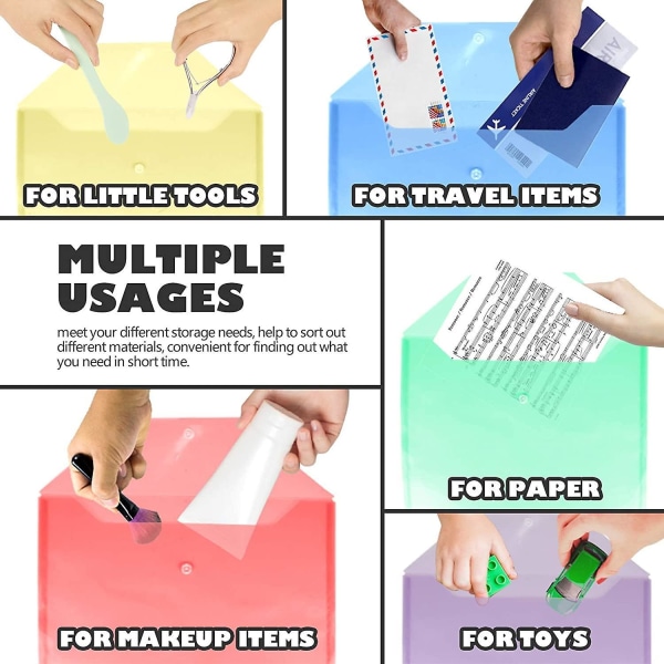 12 Pack Plastic Envelopes, A4 Clear File Organizer With Snaps,6 Colors