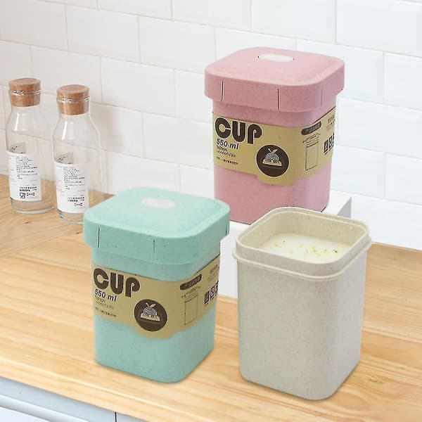 550ml Plastic Straw Square Breakfast Porridge Sealed Soup Cup Container Lunch Box Beige