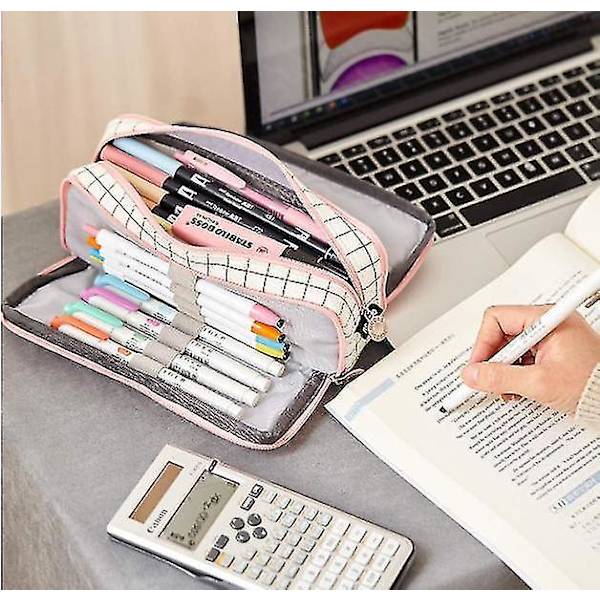 Large Capacity Pencil Case 3 Compartment Pouch Pen Bag pink