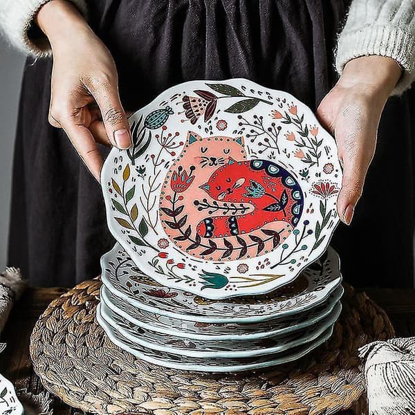 Cartoon Hand Painted Cat Dinner Plate Salad Plates Ceramic 8 Inch Pizz D