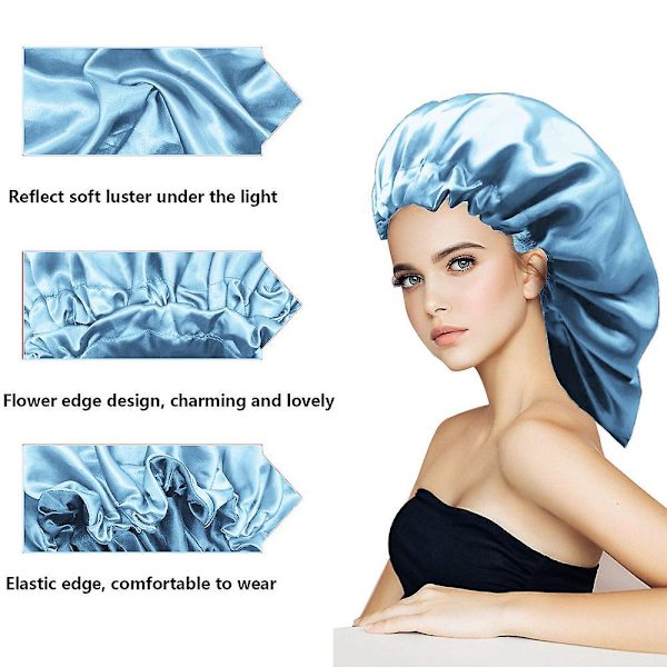 3 Pack Satin Silk Bonnet Sleep Cap Extra Large Jumbo Day And Night Cap Blue