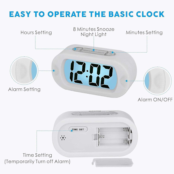 Easy Setting Silicone Protective Cover Digital Silent Lcd Large Screen Desk Bedside Alarm Clock With Snooze Light Function Batteries Powered (white)