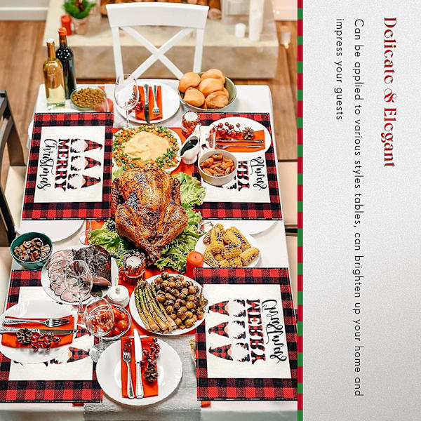 6 stk. Merry Christmas Dækkeservietter Jul Vinter Bordmåtter Rustikke Buffalo Plaid Dækkeservietter Sæt Skridsikre Varmebestandige Bordmåtter Vaskbar Juleplads