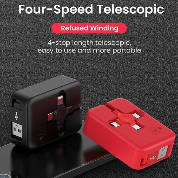 4-in-1 Sisäänvedettävä USB-laturi Datakaapeli Puhelintelineellä, Type C Micro USB-kaapeli Pink