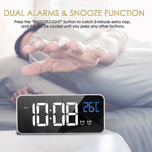 Led Digital Alarm Clock, Digital Alarm Clock Mirror Desk Clock Usb Rechargeable Travel Alarm Clock With 2 Alarms/snooze/temperature