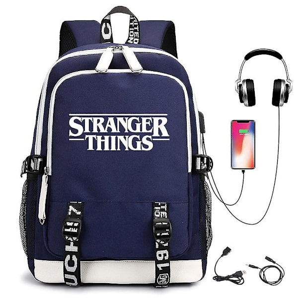 Stranger Things Backpack Usb Rechargeable Backpack Student School Bag blue