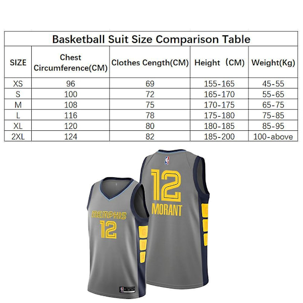 Ja Morant #12 Basketball Jersey Grizzlies Basketballtrøye Aldult Sportsskjorte XL(180-185CM)