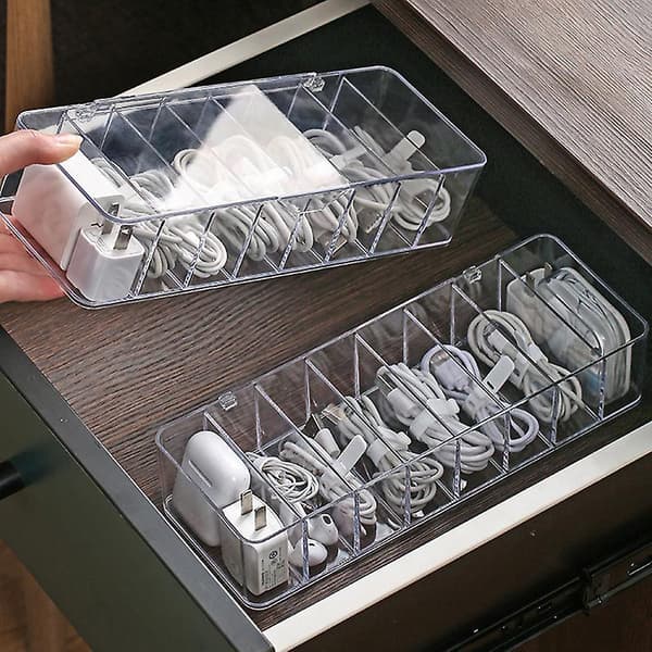 Wekity Plastic Cable Management Box With 10 Cable Ties, Clear Power Cord Storage Box With 8 Compartments, Office Electronics Storage Box With Cover