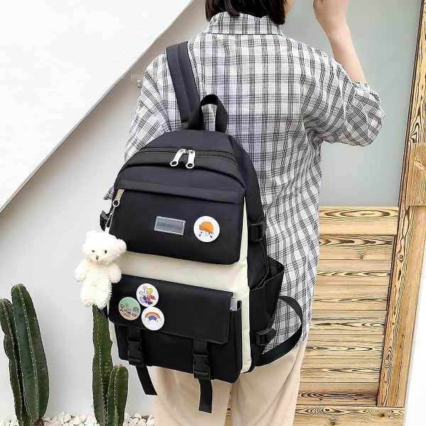 5pcs Aesthetic Backpack Set For Teens Girls School Backpack Kawaii Cute Bear College Travel Casual Bag Birthday Gift Black