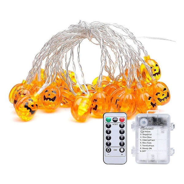 Halloween-pihajuhlien koristevalot, 8 tilaa, vedenpitävä paristokotelo, kaukosäädin, 3D-haamukasvo, kurpitsa-LED-valosarja (keltainen) (1 kpl)