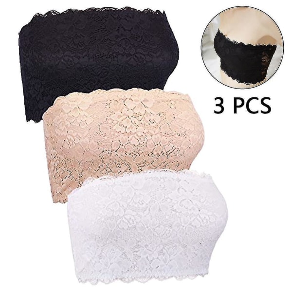 3 Pieces Women's Floral Lace Tube Top Bra Bandeau Strapless Bras Seamless Stretchy Chest