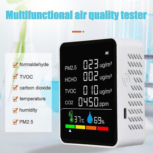6 In 1 Pm2.5 Pm10 Hcho Tvoc Co Co2 Multifunctional Air Quality Detector Co Carbon Dioxide White