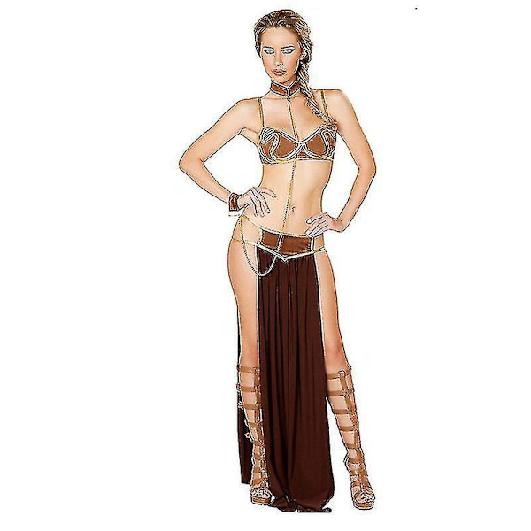 Sexy Costume Princess Leia Slave Miss Manners Uniform Carnival Cosplay Princess Leia Slave Costume Dress Gold Bra And Neck Brown XXL