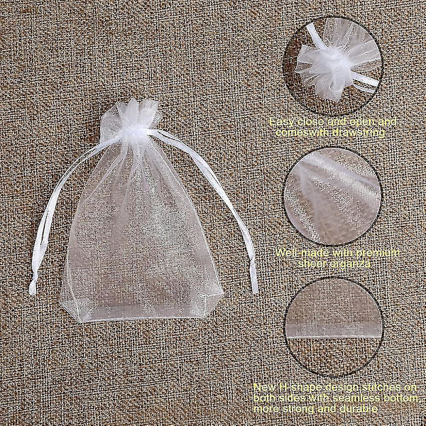 100 kpl Premium Läpikuultavia Organza-pusseja, valkoisia hääjuhlapusseja kiristysnyörillä, 4x4,72 korulahjapusseja juhliin