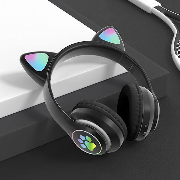 Bluetooth 5.0 Children Cat Ear Led Glowing Wireless Headset Noise Reduction Headset Black