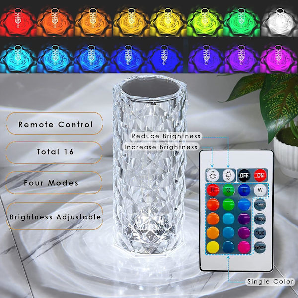 Crystal Diamond Table Lamp, 16 Colors Usb Charging Touch Lamp Bedside Night Light With Remote Control, Acrylic Rose