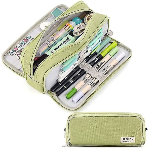 Large Pencil Case Big Capacity 3 Compartments Canvas Pencil Pouch For Students green