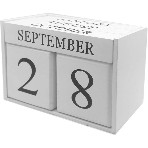 Wooden Desk Blocks Calendar - Perpetual Block Month Date Display Home Office Decoration, 6.1 X 3.9 X 2.9 Inches White