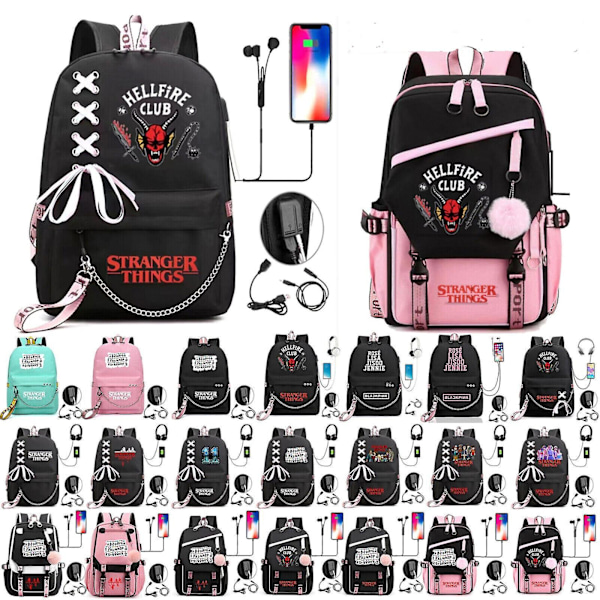 Stranger Things Hellfire Club Large-capacity School Bag Usb Charging Backpack Black 7