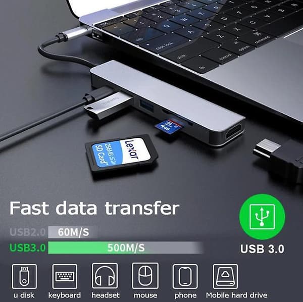 6 i 1 USB C til USB 3.0 HDMI-kompatibel Dock