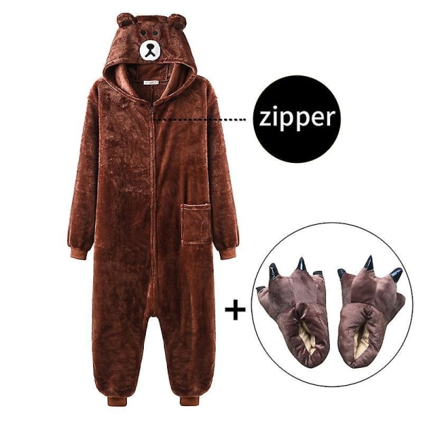 Bear Onesie Women Men Kigurumis Animal Pajama Cartoon Slippers Festival Homewear Winter Warm Suit Zipper Button Overalls M